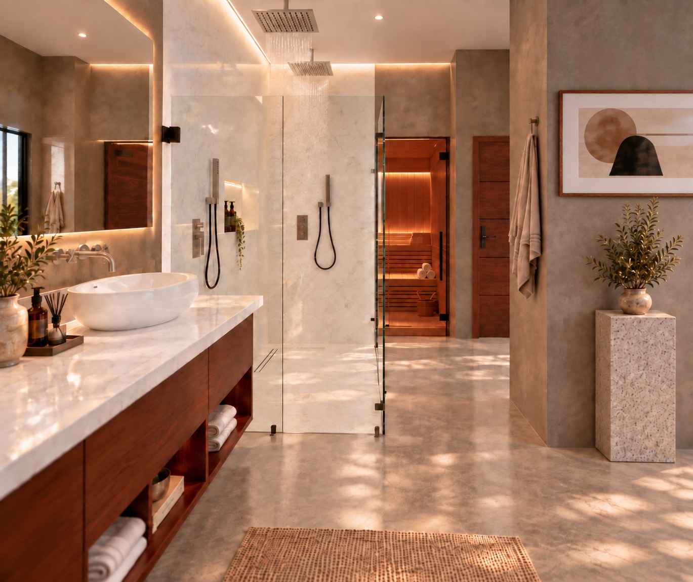 Render de baño con superficies de piedra e iluminación integrada